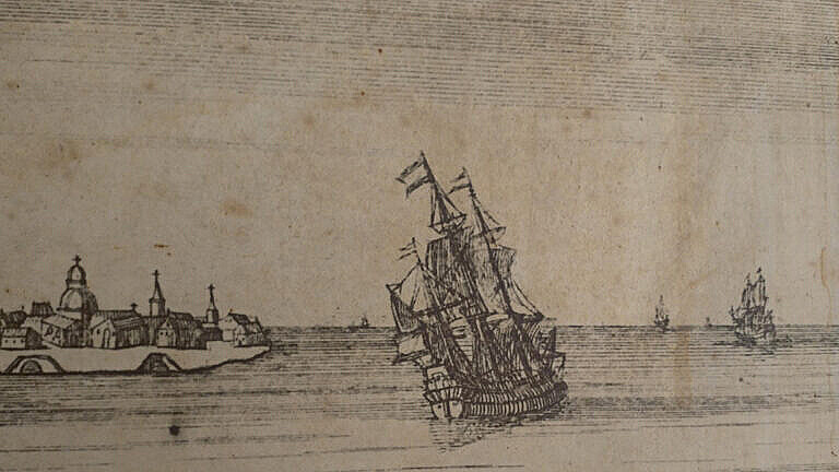 An engraving of a Venetian galleon