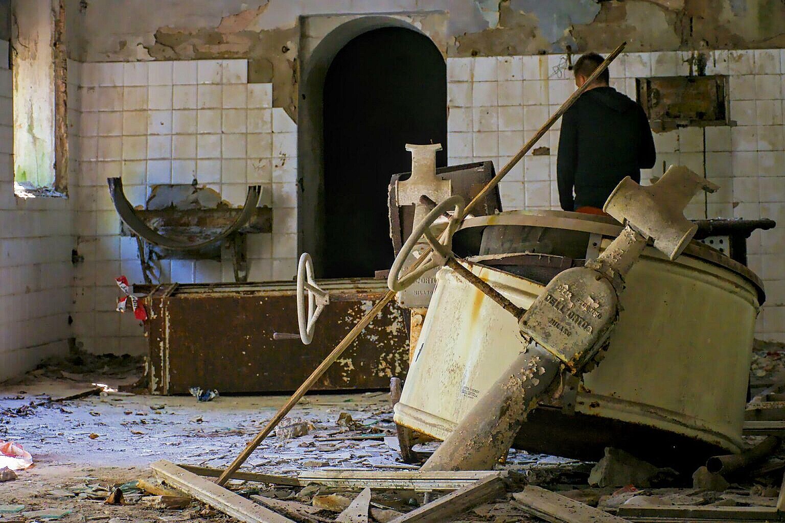 The vandalised central kitchen of the abandoned hospital on Poveglia
