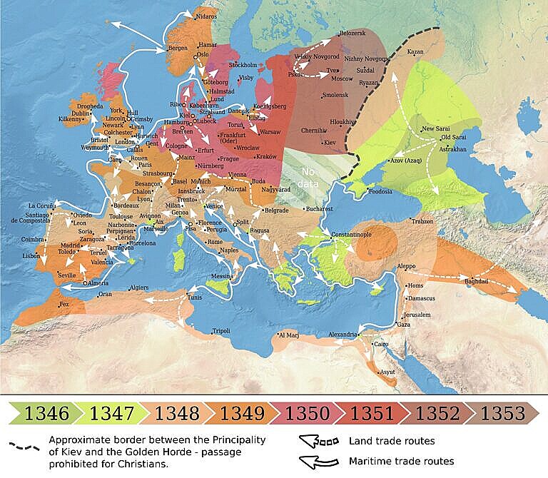 Map of the spread of the black plague in Europe