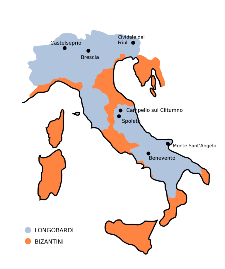 Map of how Italy was divided between the Lombards and Byzantium, c.700