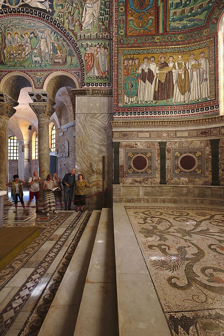 The inside of the Basilica di San Vitale in Ravenna, with the mosaic of emperor Justinian.