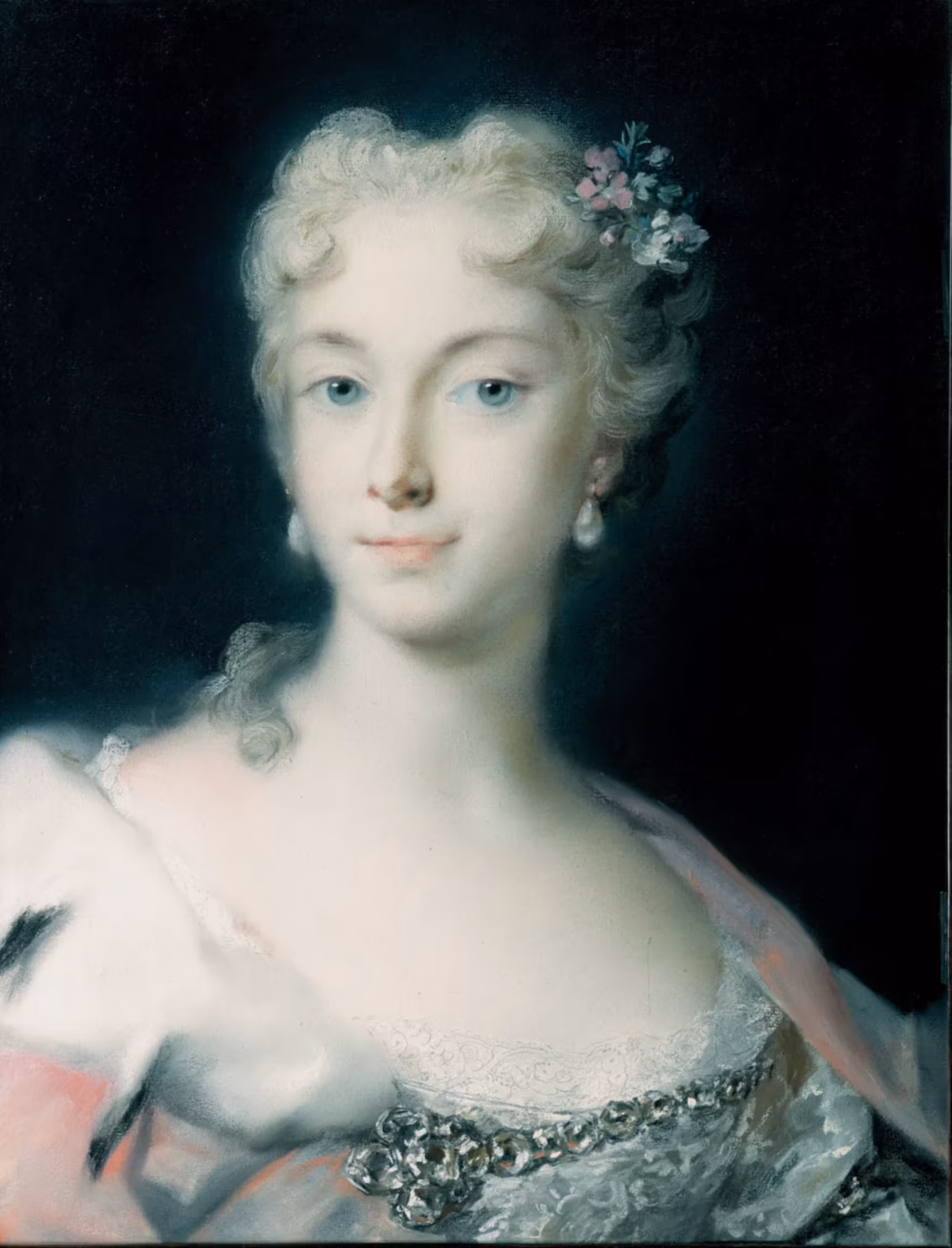 Pastel bust portrait of a young woman with blond hair.
