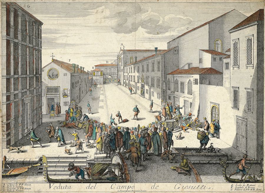 An engraving from the 1700s showing a scoazzera for the collection of garbage on the side of a canal.
