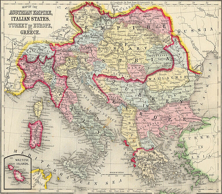 1860 Map of the Austrian Empire, Italian States, Turkey in Europe and Greece