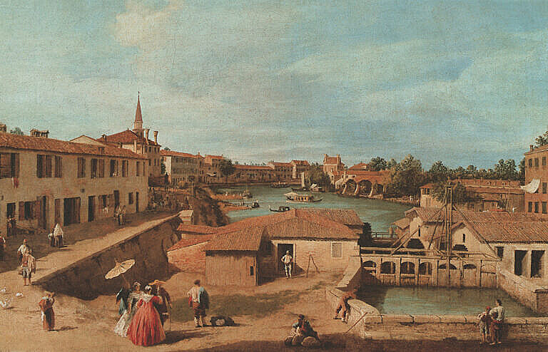 Painting by Canaletto of the locks on the Brenta river close to Dolo, where the river was diverted.