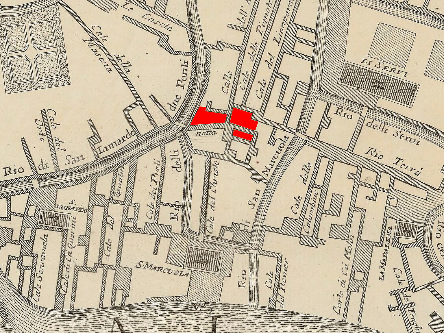 Map from 1739 modified to show the buildings demolished at the Anconeta to make the Strada Nova