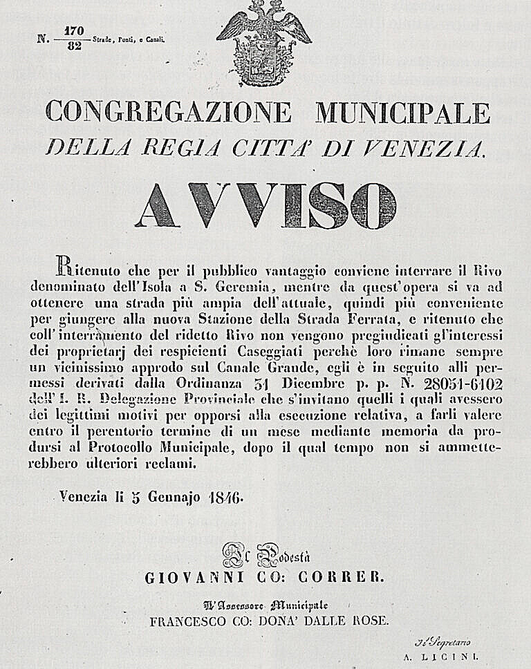 Announcement from the municipal administration of Venice of the intent of interring the Rio del Isola, dated January 5th, 1846.
