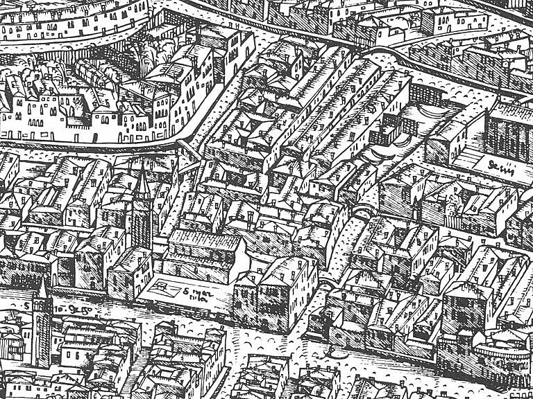 Detail of engraving with a panoramic view of Venice from 1500, by Jacopo de' Barbari