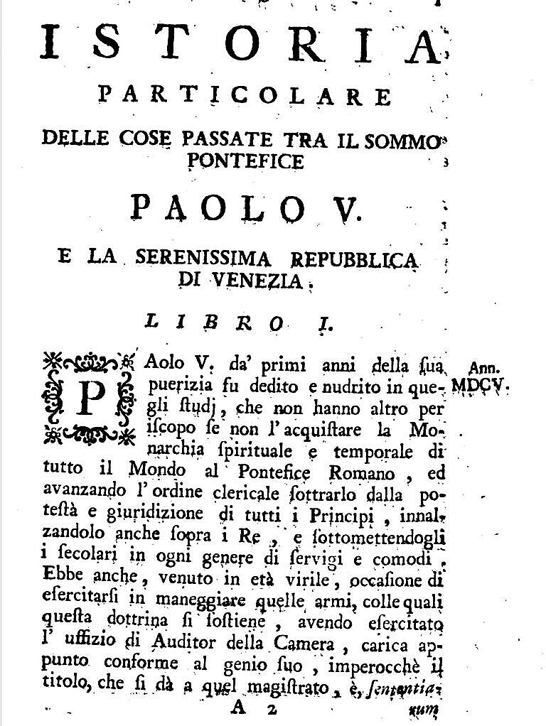 Cover of the "Istoria Particolare Delle Cose Passate Tra Il Sommo Pontefice Paolo V E La Serenissima Repubblica Di Venezia"