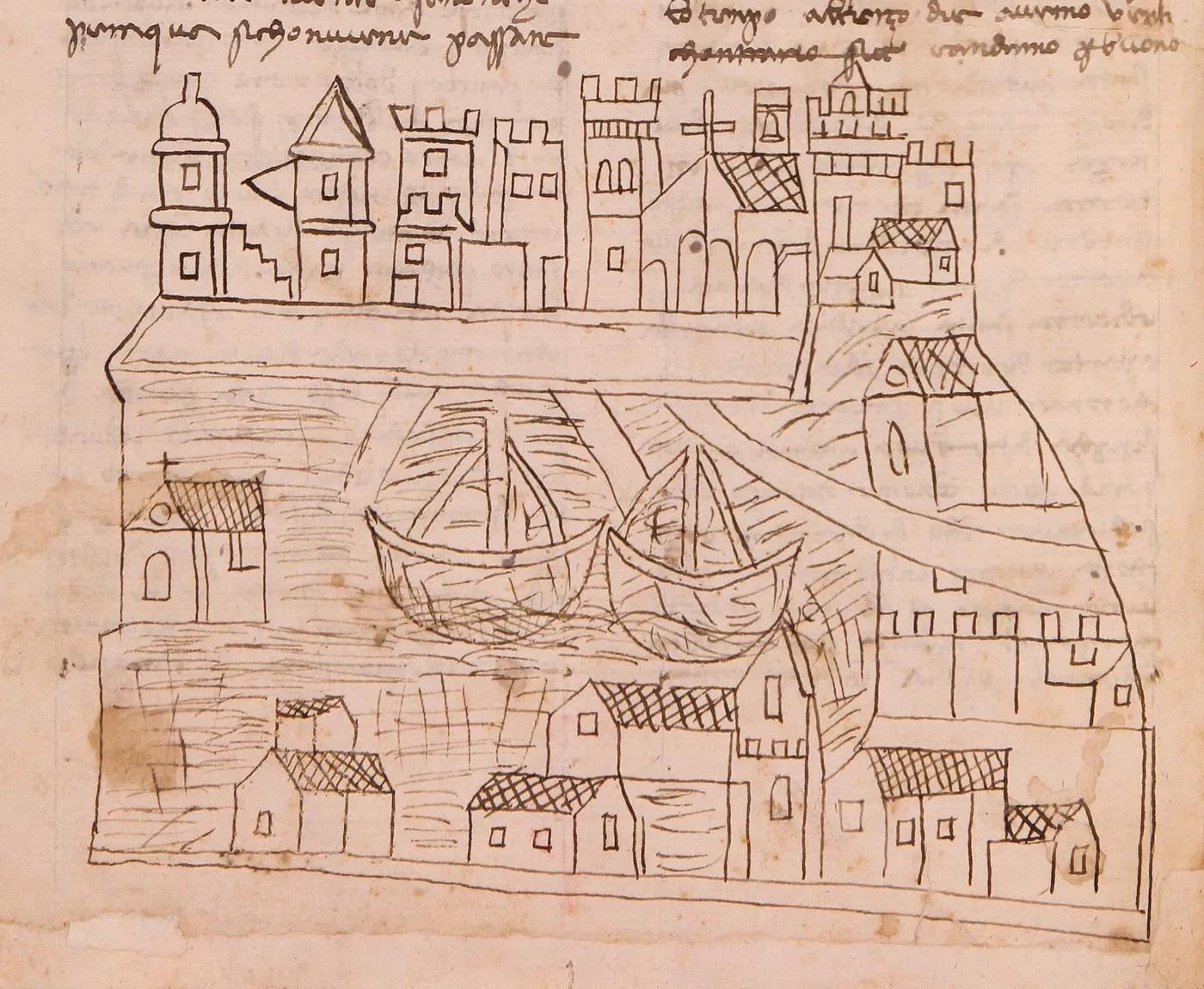 Niccolò da Poggibonsi - manuscript with drawing of Venice, c.1350 (detail)