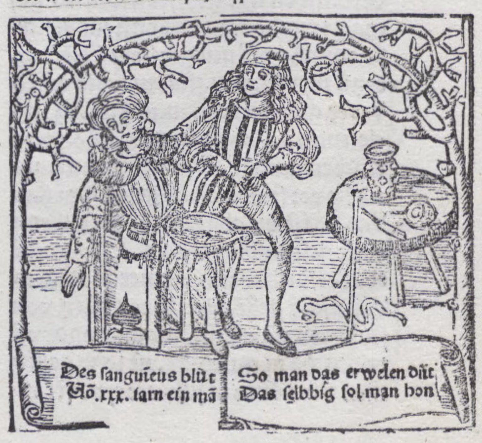 A medieval woodcut showing a young man, standing, letting blood from a person sitting, into a bowl on the ground. To the right, various implements on a table. Decorative branches above, and a text in gothic letters below. 