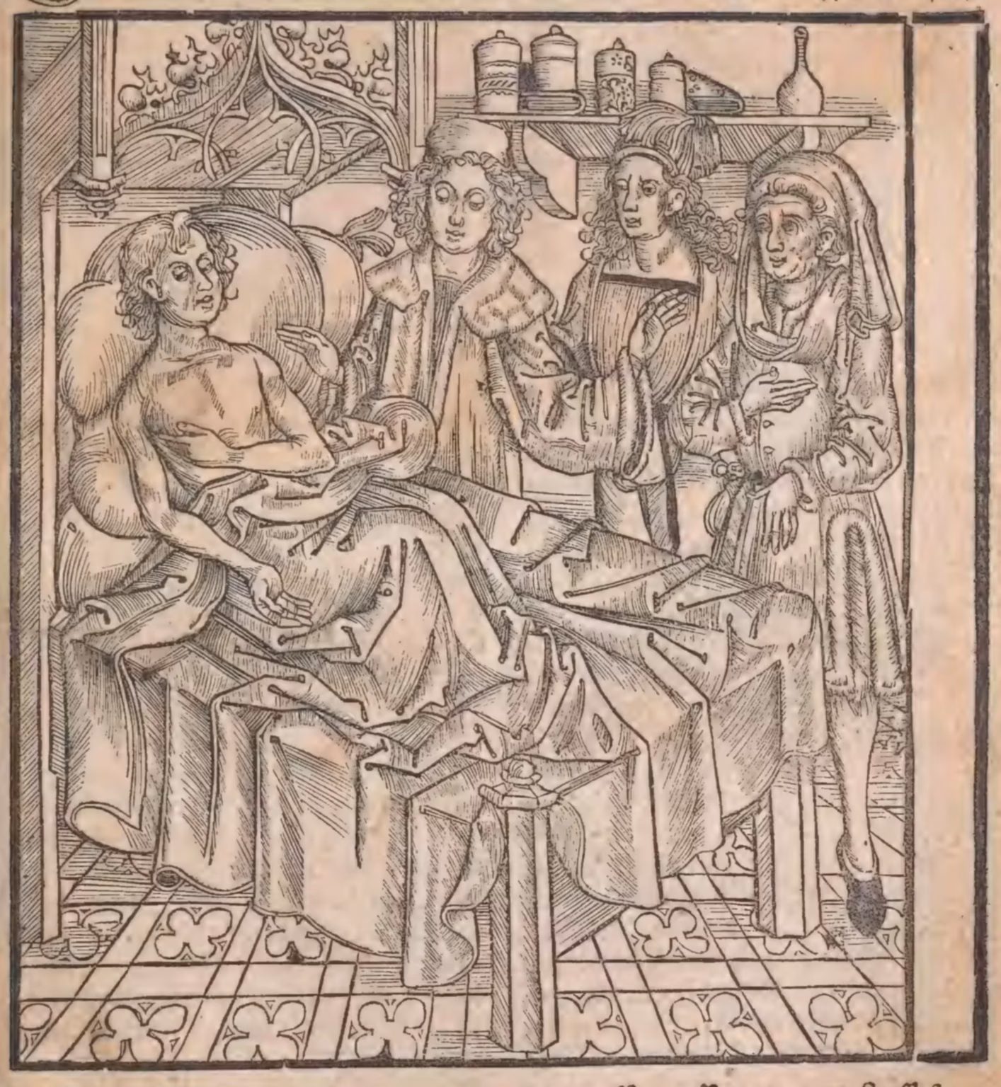A woodcut depicting a man in a bed, being visited by the doctor and his two assistants. The sick man points at his armpit, to indicate the swollen lymph nodes, which is a symptom of the plague.