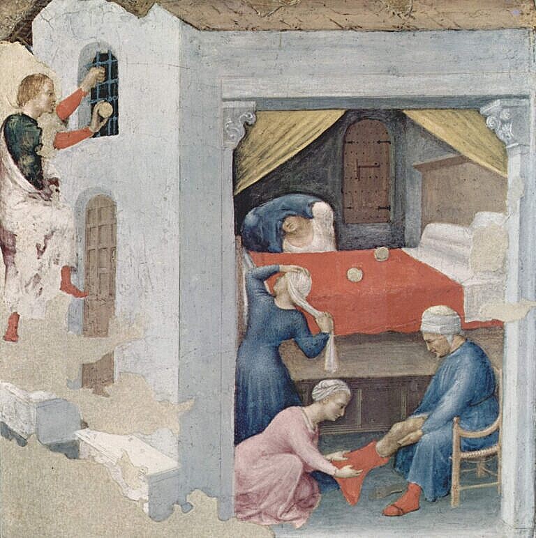 St Nicholas gives the money for the dowry for the three virgins (Gentile da Fabriano, c. 1425, Pinacoteca Vaticana, Rome), the St. Nicholas legend 
