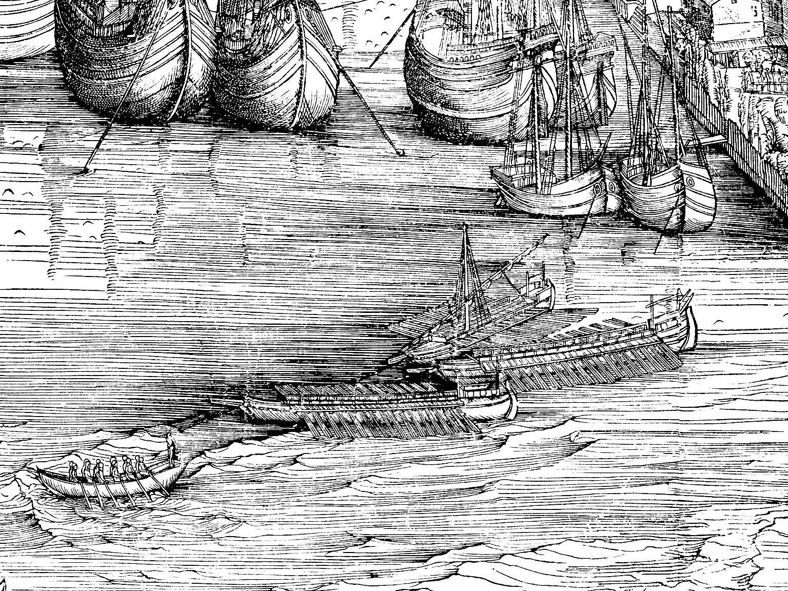 A detail of galleys from the Jacopo de' Barbari view of Venice from 1500.