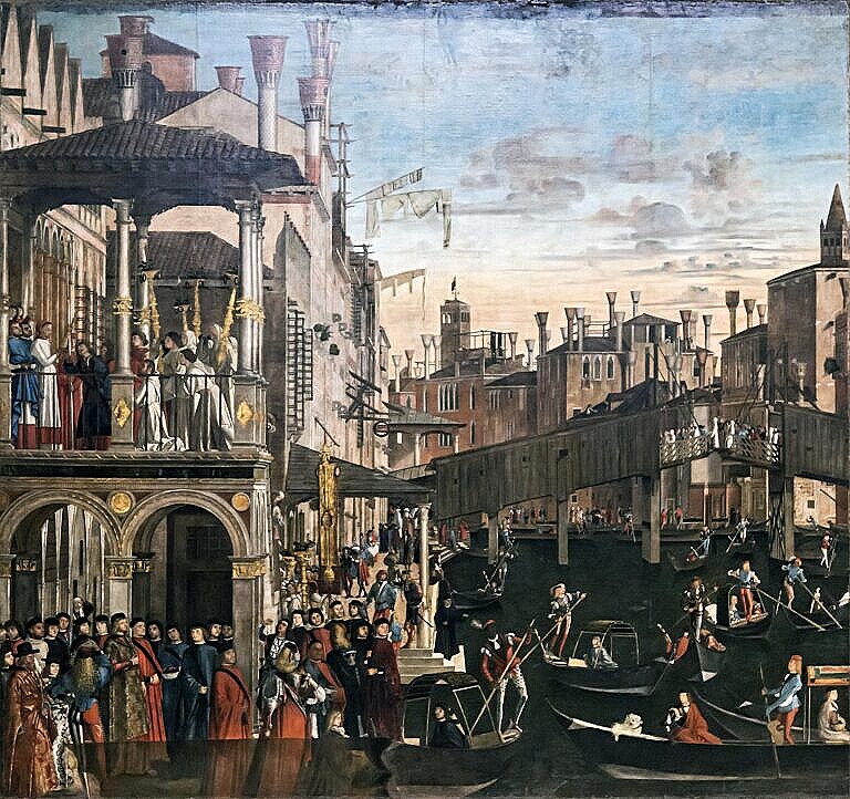 The painting "Miracle of the Holy Cross at Rialto" by Vittore Carpaccio (1490s)