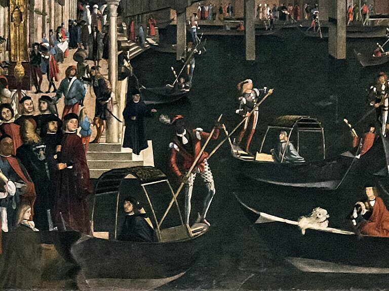 The painting "Miracle of the Holy Cross at Rialto" by Vittore Carpaccio (1490s) - detail of the slave gondoliere