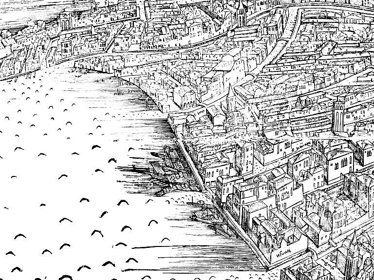 Detail of rafts of timber in the Canale Giudecca from the View of Venice by Jacopo de' Barbari,1500
