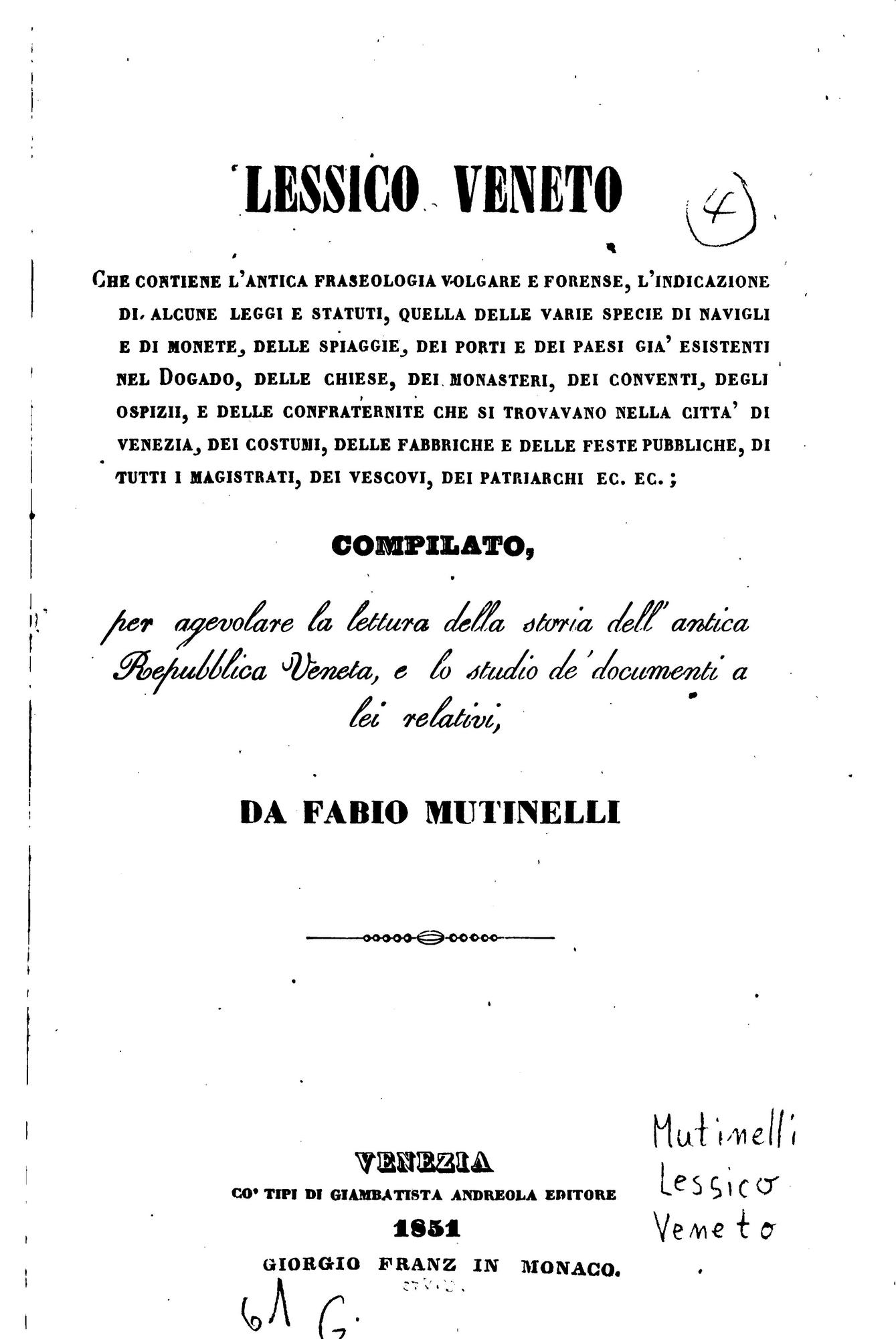 Title page of the "Lessico Veneto" (1851) by Fabio Mutinelli