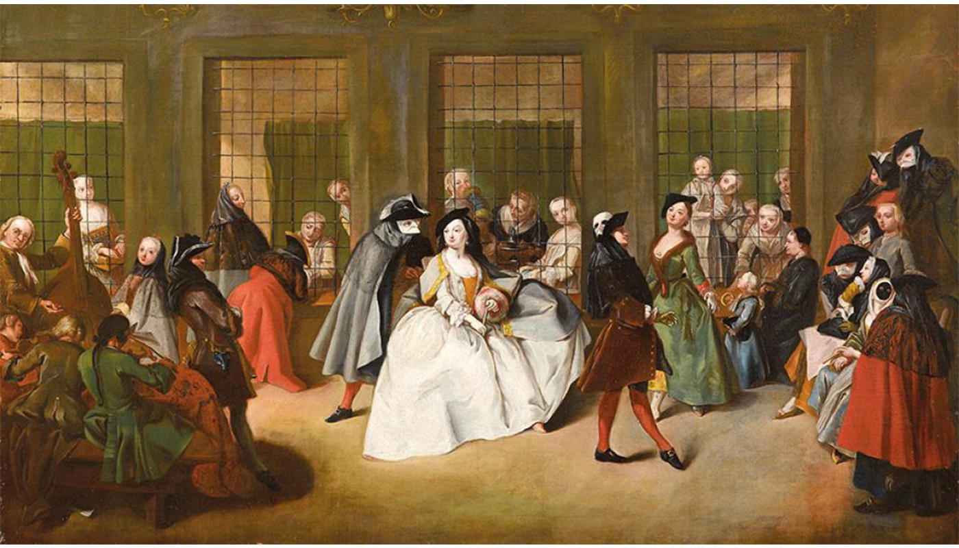 Painting of wealthy people having a party while nuns look on from behind bars