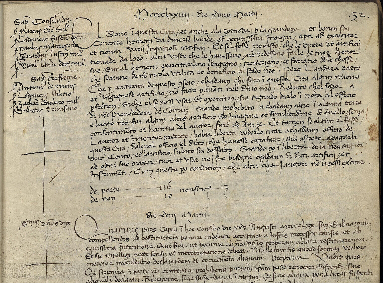 The original parchment with the text of the law, written down by the secretaries of the Pregadi (Senate) on March 19th, 1474. 