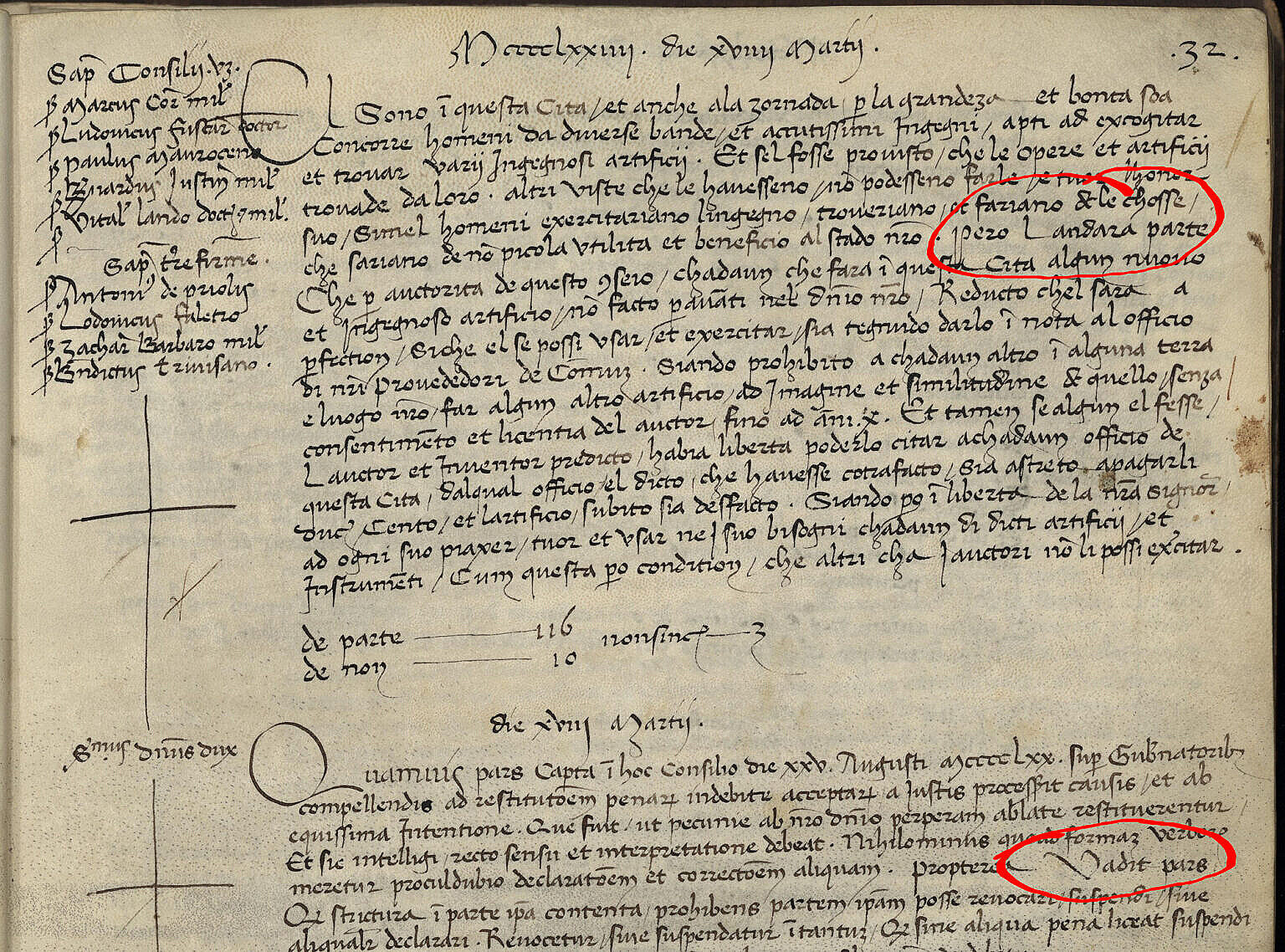 A parchment with a legal text in Venetian and another in Latin, with the two forms "però l'anderà parte" and "vadit pars".