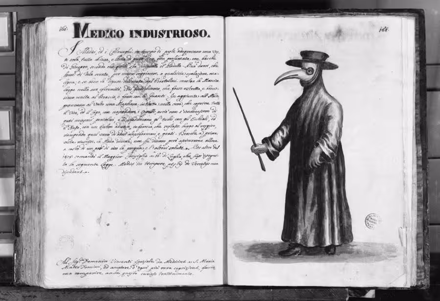 Black and white photo of the pages in the original manuscript, with the watercolour on the right-hand page, and the handwritten text on the left.