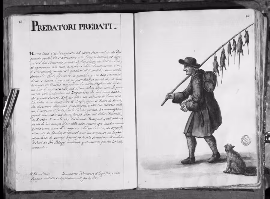 Black and white photo of the pages in the original manuscript, with the watercolour on the right-hand page, and the handwritten text on the left.