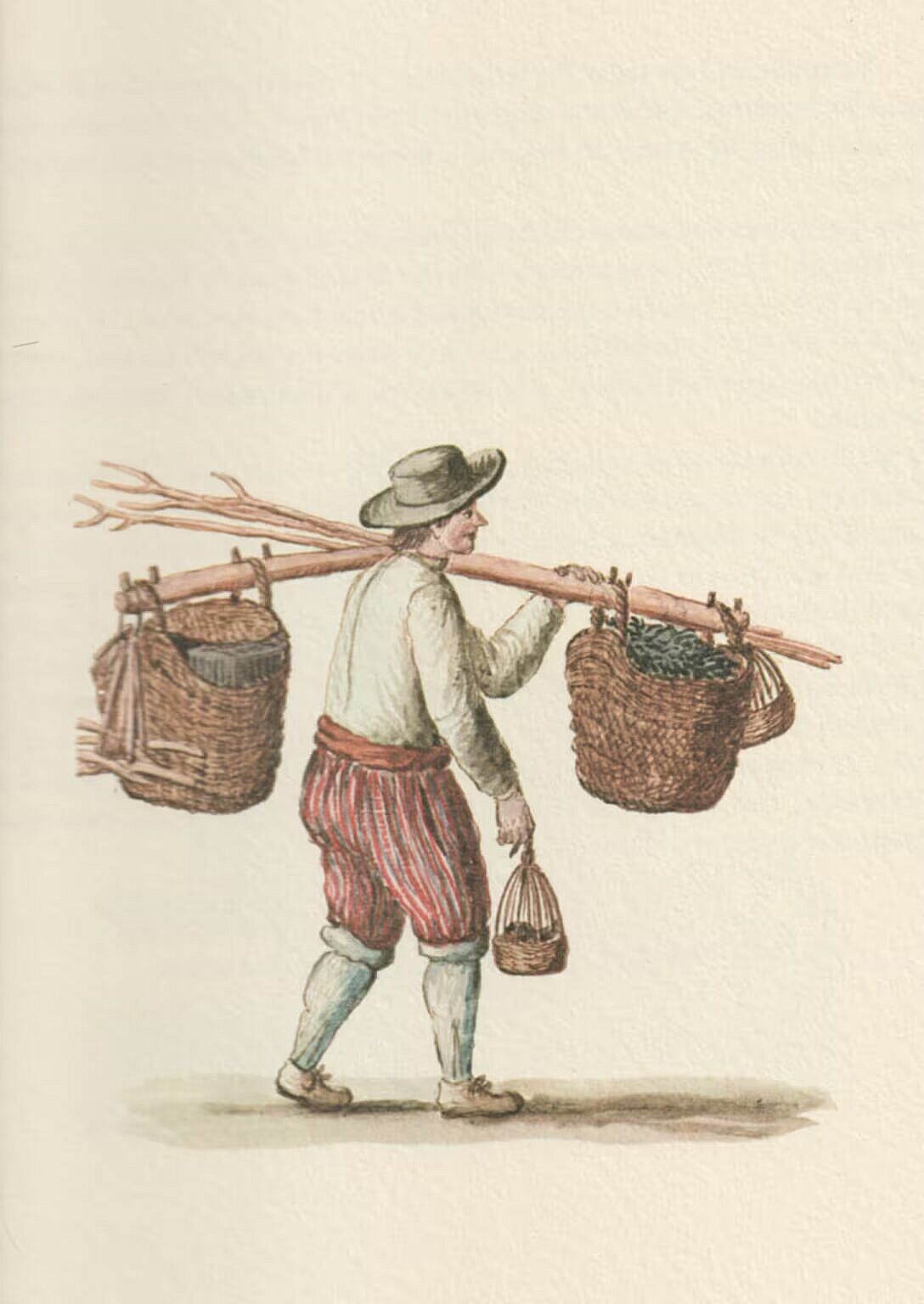 Watercolour of a man, seen from the side, carrying a yoke with two large baskets, and in his right hand a wicker cage for a bird.