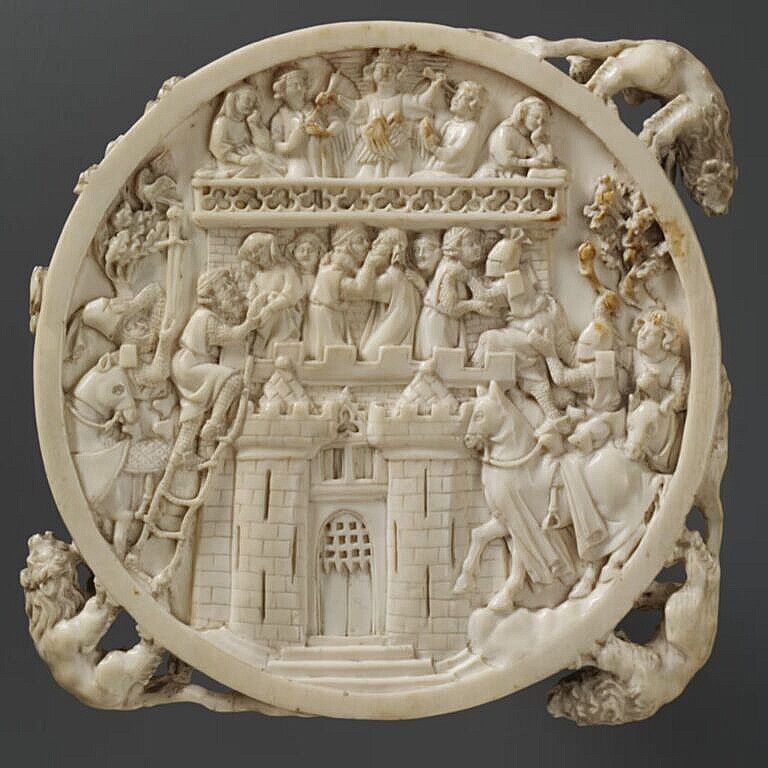 The lid of a mirror case, with a depiction of the Castlle of Love.