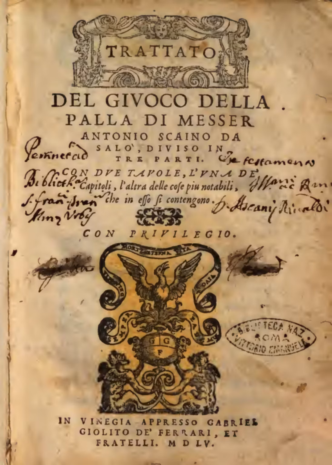 The titlepage of the Treatice, on yellowed paper, with various stamps and annotations from libraries.