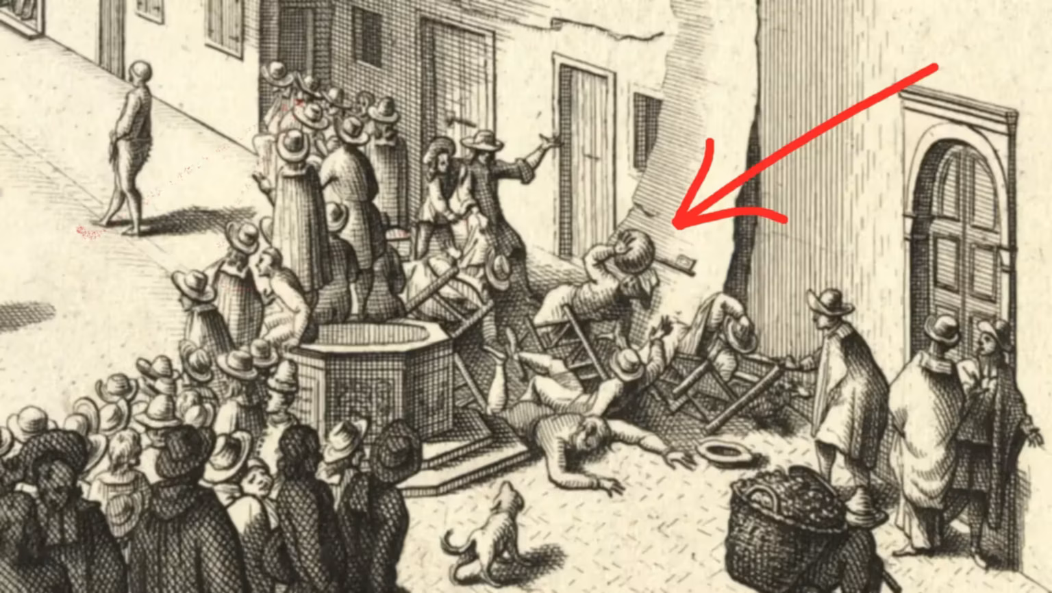 This is a detail of the first engraving, around the right side of the half-circle of spectators. Here they are standing and sitting on chairs close to a well-head. Some of the persons and chairs in the back are scattered on the ground, as a man is falling over, hit in the head by a rogue ball from the game. A red arrow points at the ball.