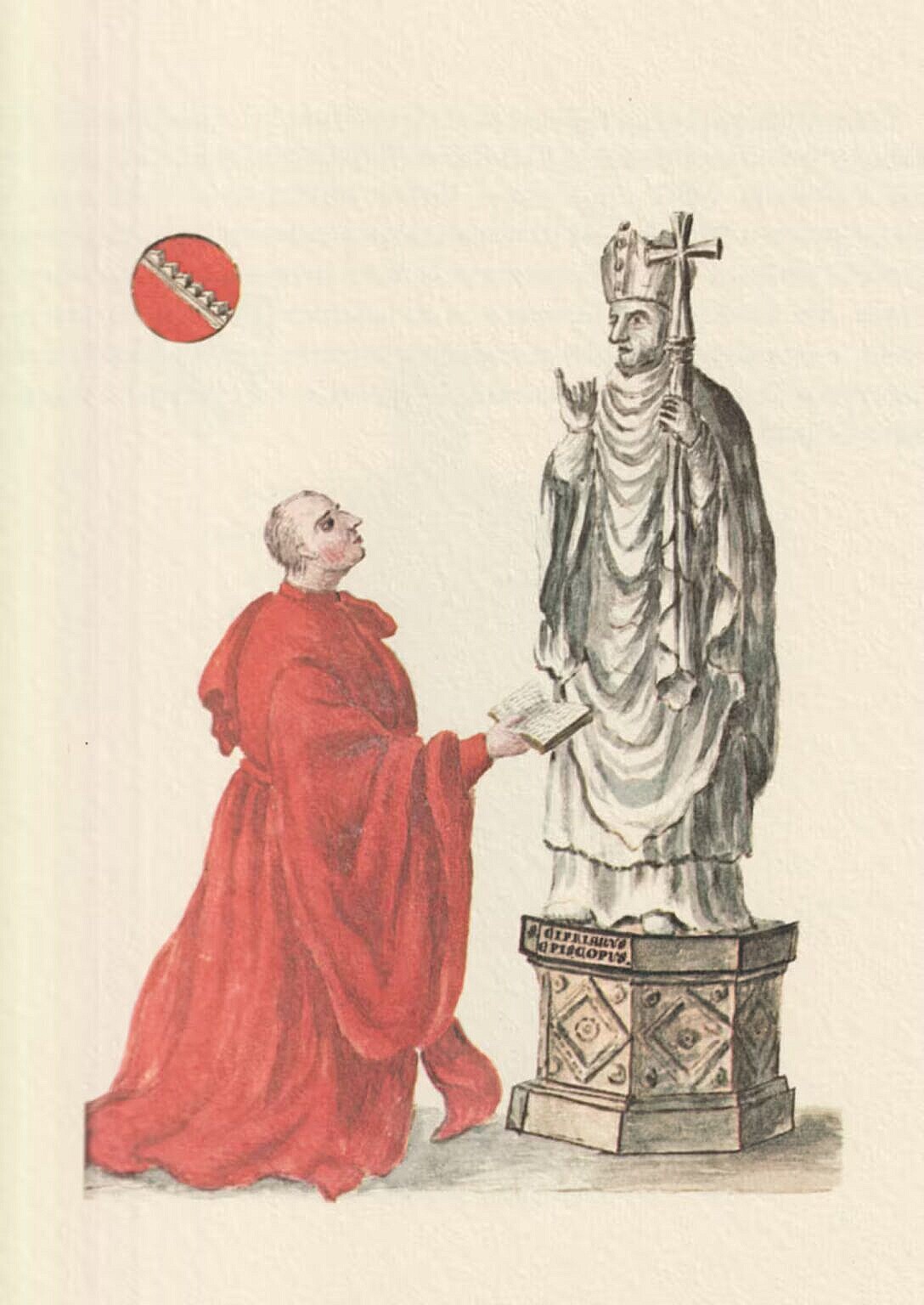 Watercolour of a man, dressed in a long red cloak, kneeling in front of a statue of a saint. Above him, a circle with a stairway on a red background (the coat of arms of the Gradenico)
