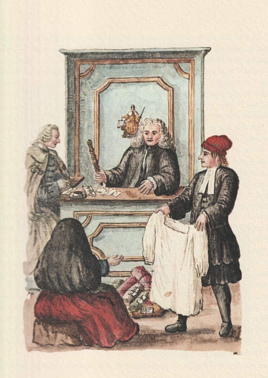 Watercolour of a finely dress man, 1700s, behind an auction desk, with a poor woman sitting on the ground, and a man holding up a shirt for sale.