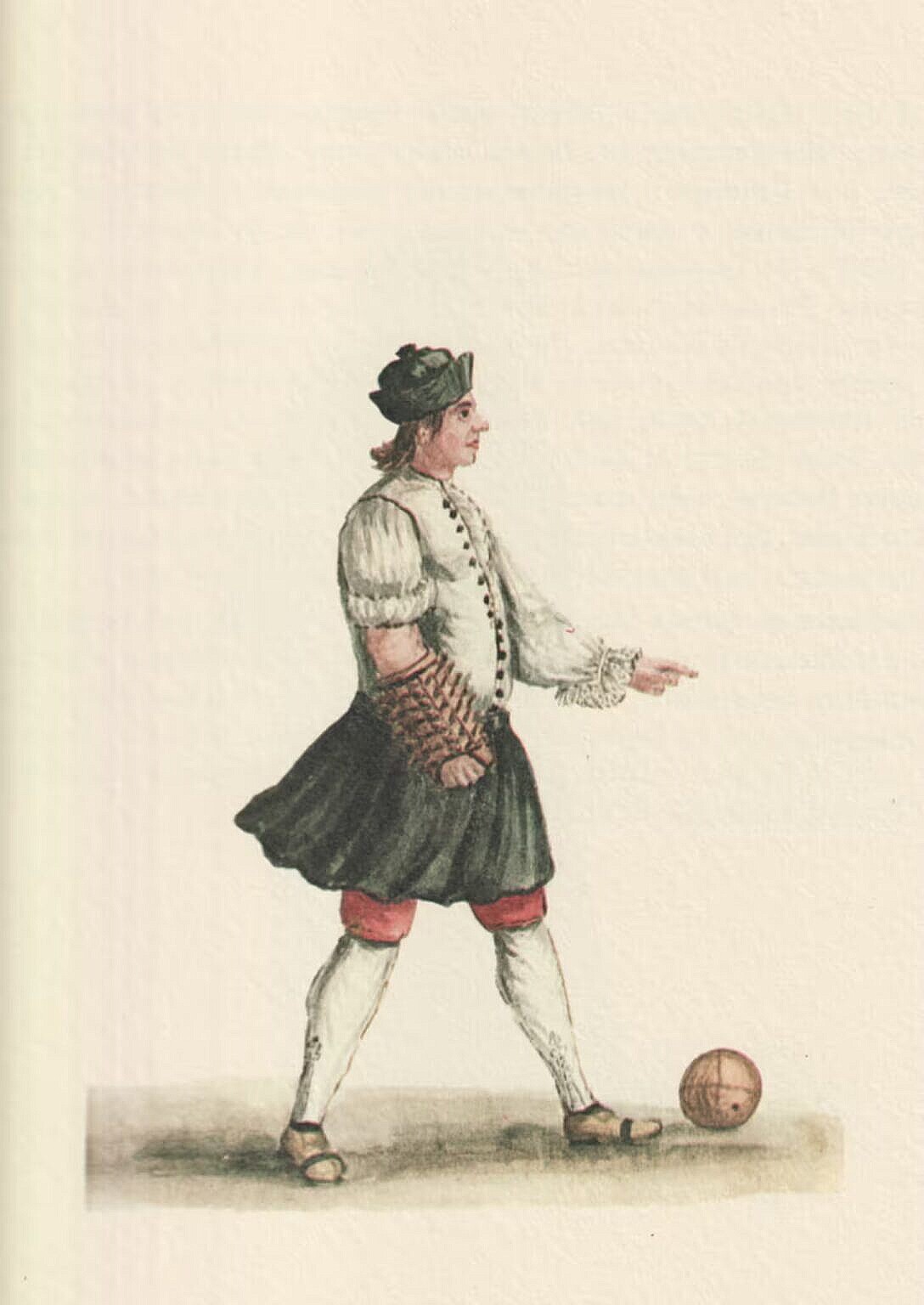 Watercolour of a player of pallone. He is dressed in a white shirt, red breeches with a short skirt over, and white stockings. On his right arm is the wooden arm guard for the game, and at this feet a ball.