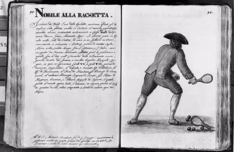 Black and white photo of the pages in the original manuscript, with the watercolour on the right-hand page, and the handwritten text on the left.The handwritten text in the original manuscript.