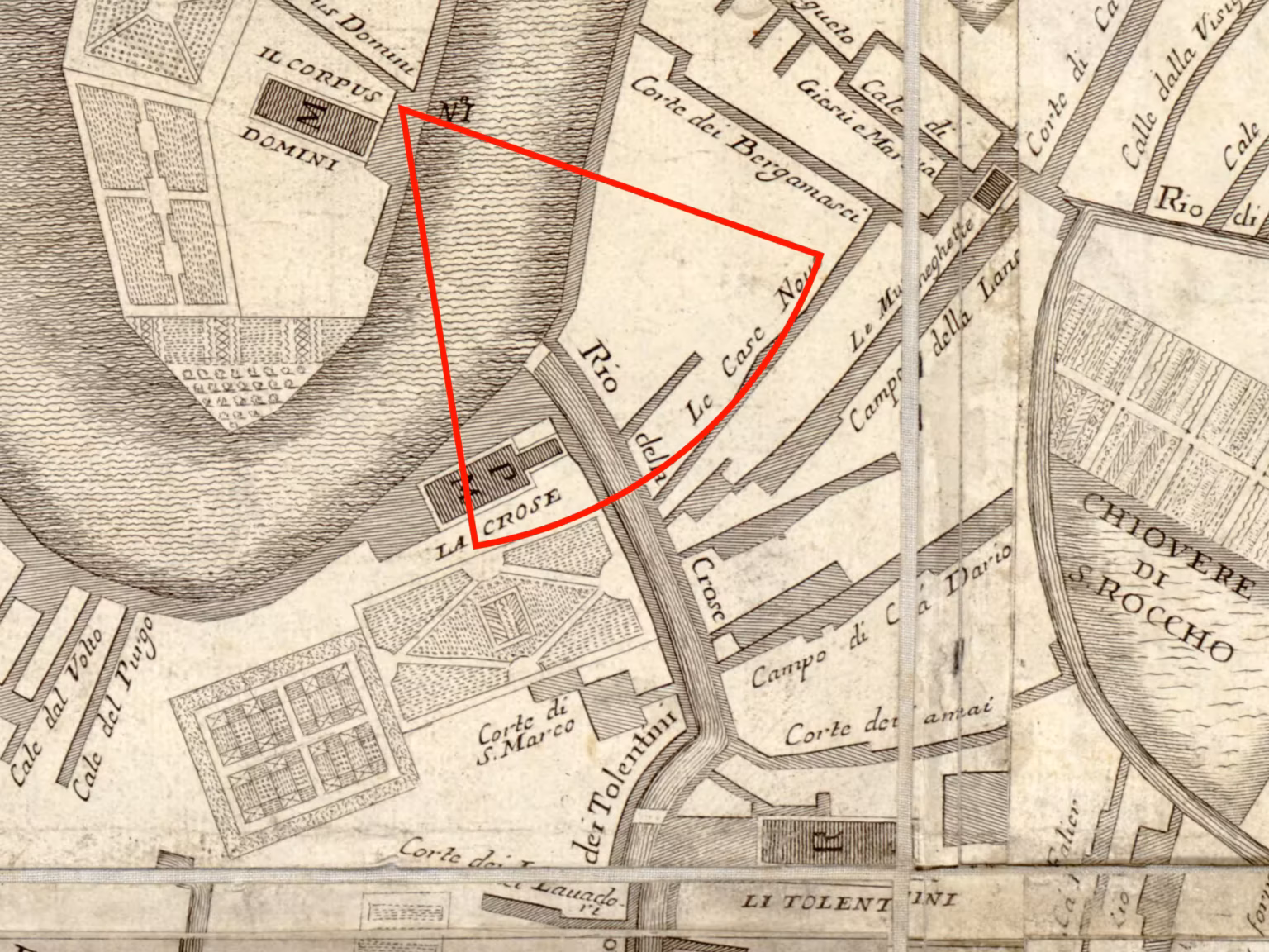 The angle of view drawn as a pie slice chart on top of a map of Venice from 1729