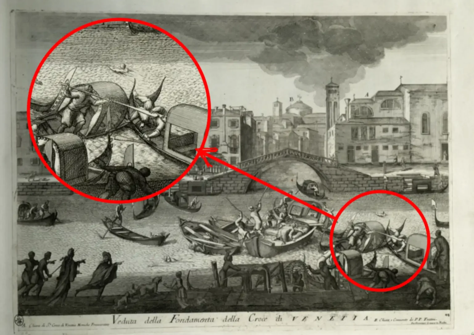 The same monochrome print from the 1700s, with a circular area enlarged and emphasised. The focused area is in the lower right, where two gondolas have crashed, one ramming the other. There's a man in the water swimming away, probably from the boat hit, while the other rower from that same boat is using his oar like a spear to knock over a man who's in the other boat.