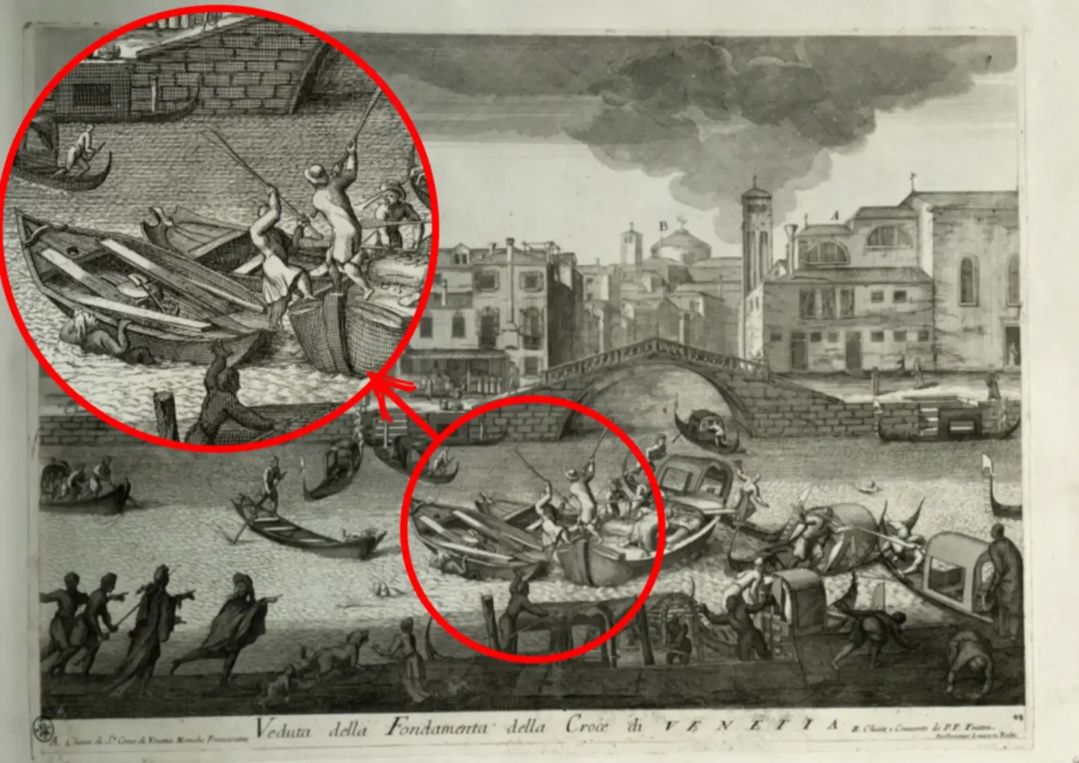 The same monochrome print from the 1700s, with a circular area enlarged and emphasised. The area is of three workboats in the middle of the canal. They have crashed into each other, there's a man in the water, and two men from different boats have their oars raised high in the air, as they're about to strike each other.