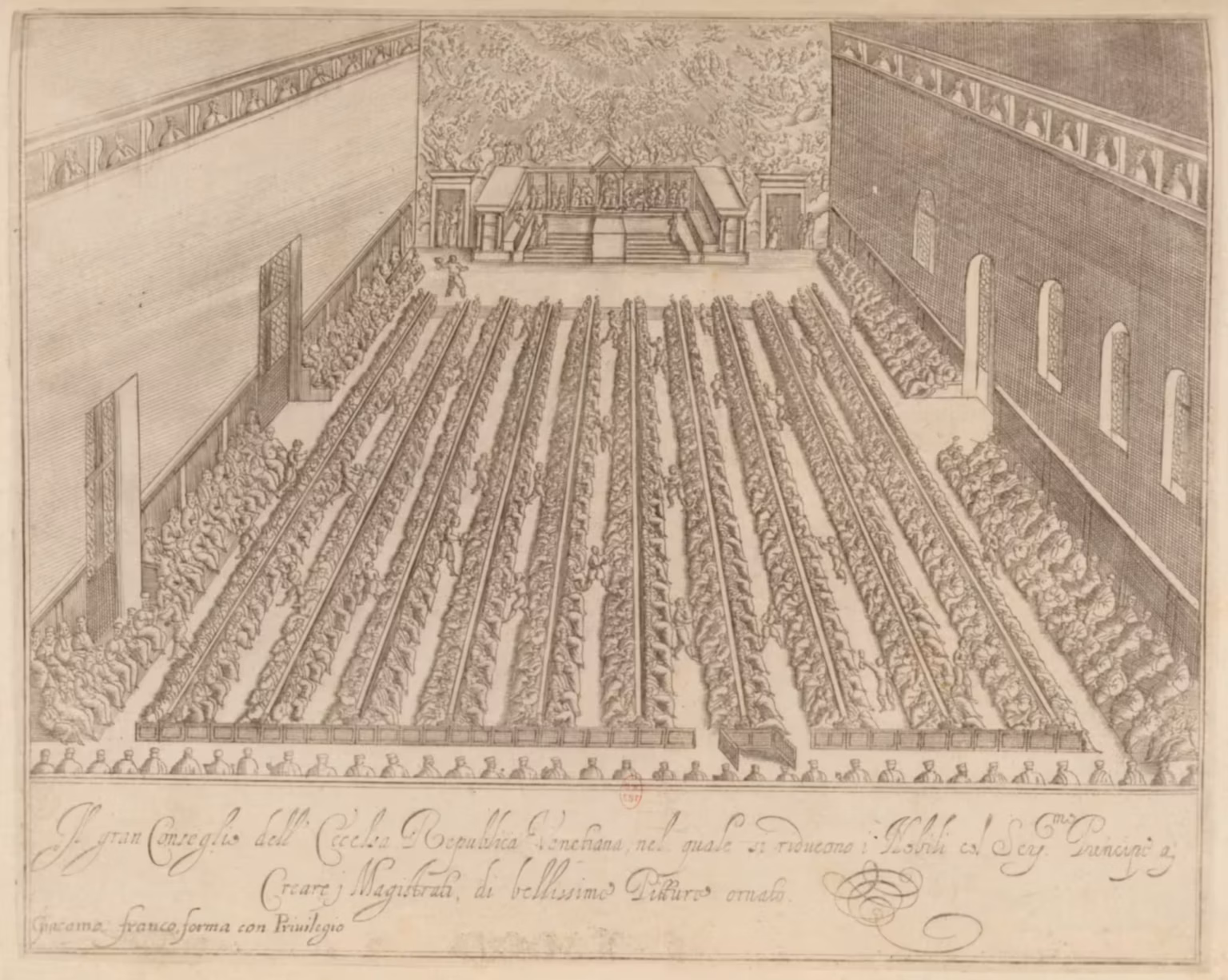 Engraving, black on yellowed paper, of the Venetian nobles, seated along long tables, in the Greater Council.
