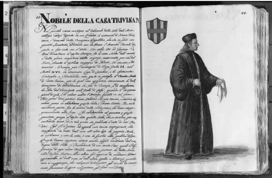 Black and white photo of the pages in the original manuscript, with the watercolour on the right-hand page, and the handwritten text on the left.