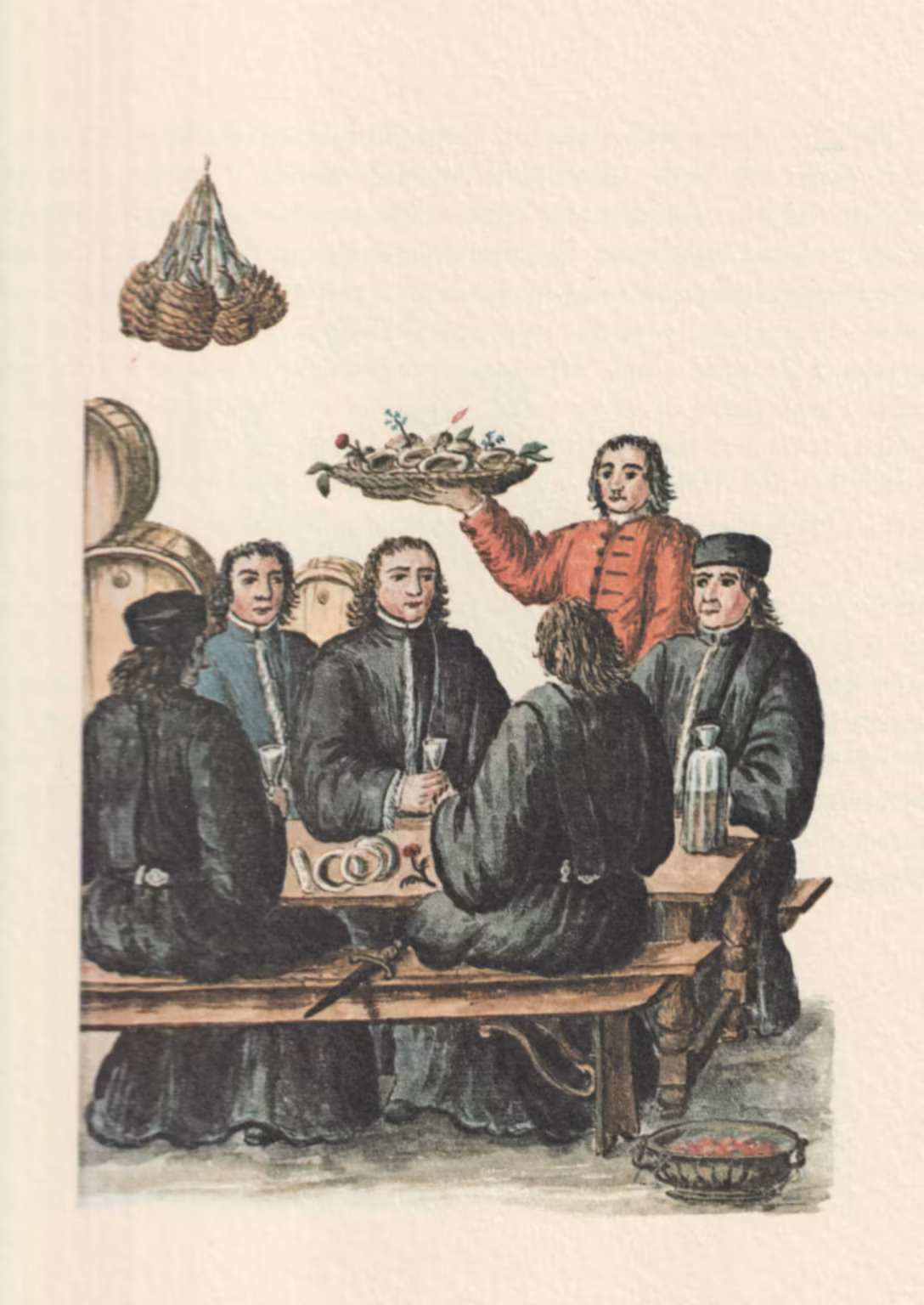 This painting depicts four young noblemen, dressed in formal robes, seated in a tavern, where they are served Malvasia wine, and bussolai, traditional sweet cakes from Burano.