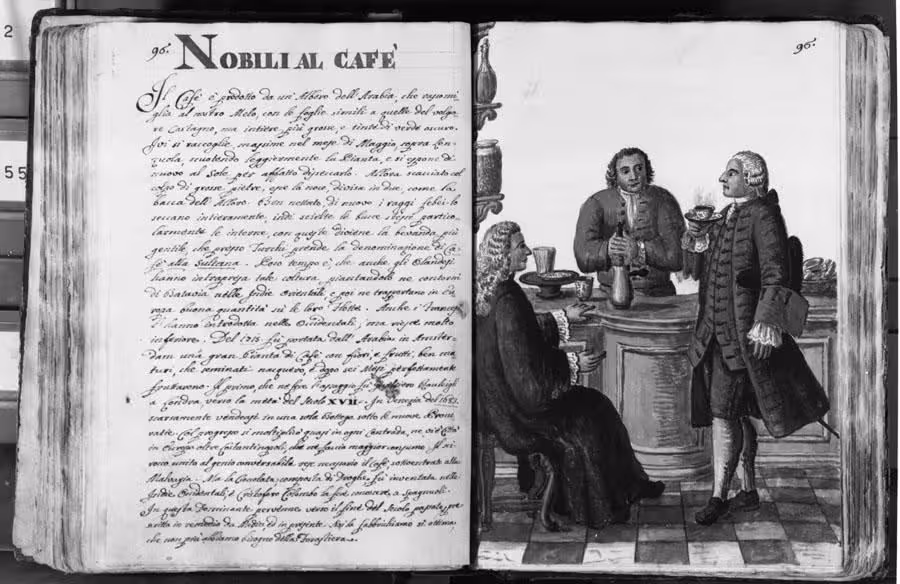 Black and white photo of the pages in the original manuscript, with the watercolour on the right-hand page, and the handwritten text on the left.