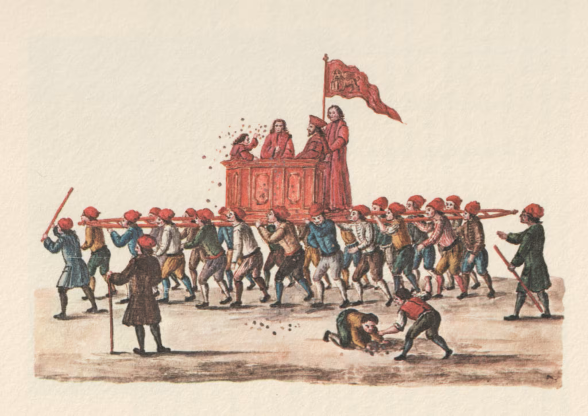 Watercolour of the newly elected doge on a platform carried on the shoulders of workers from the Venetian navy docks - circa 1750