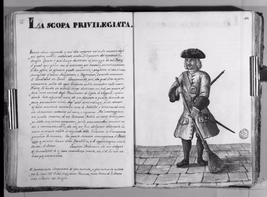 Black and white photo of the pages in the original manuscript, with the watercolour on the right-hand page, and the handwritten text on the left.