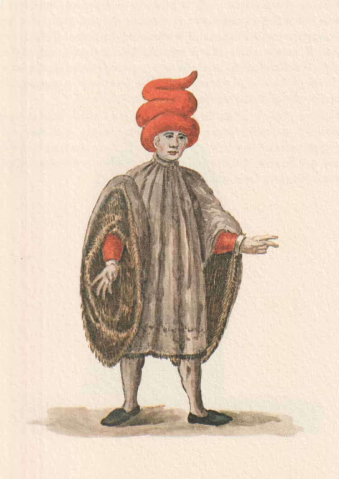 Watercolour of a man, dressed in a very loose robe of brownish fabric, with sleeves so wide they are attached at the shoulders to avoid them touching the floor. He also wears a large red hat, which at best is shaped like a soft-ice cream, spiralled, with a pointed top.