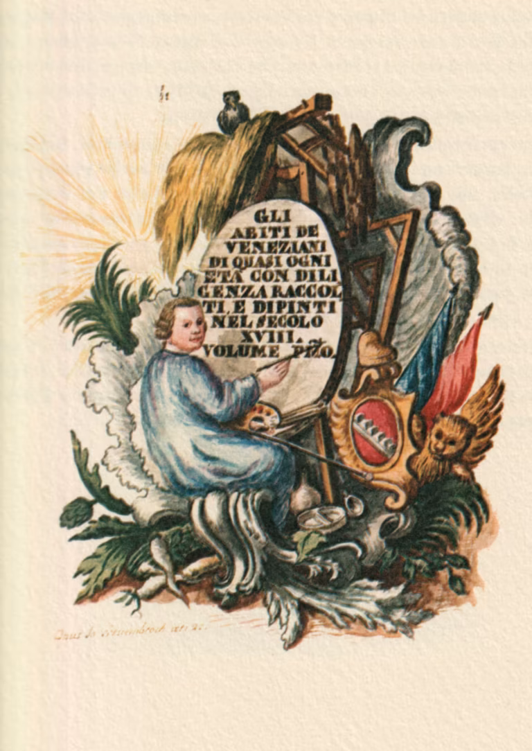 Watercolour in bright colours, of a young man wearing a light blue long shirt, paintbrush in hand, apparently in the process of writing the title of the book. Around the easel, lots of objects, including the coat of arms of the Gradenigo family, the doge's hat, a winged lion, some flags, palm leaves, sun-rays, and what not.