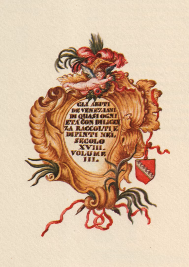 The title written in an elaborate golden coat of arms, with volutes inside volutes, long leaves and red ribbons sprouting from the various corners. On the top a small putty, and at the lower right, the coat of arms of the Gradenigo family.