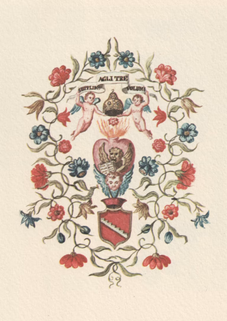 A geometric composition of flowers and symbols. In the centre column, top to bottom, a doge's hat held by two putties, a heart shaped flacon with the image of the winged lion, the face of a putty surrounded by the wings, and the coat of arms of the Gradenigo family. All around, a symmetric pattern of red and blue flowers, interspersed with green leaves and buds.