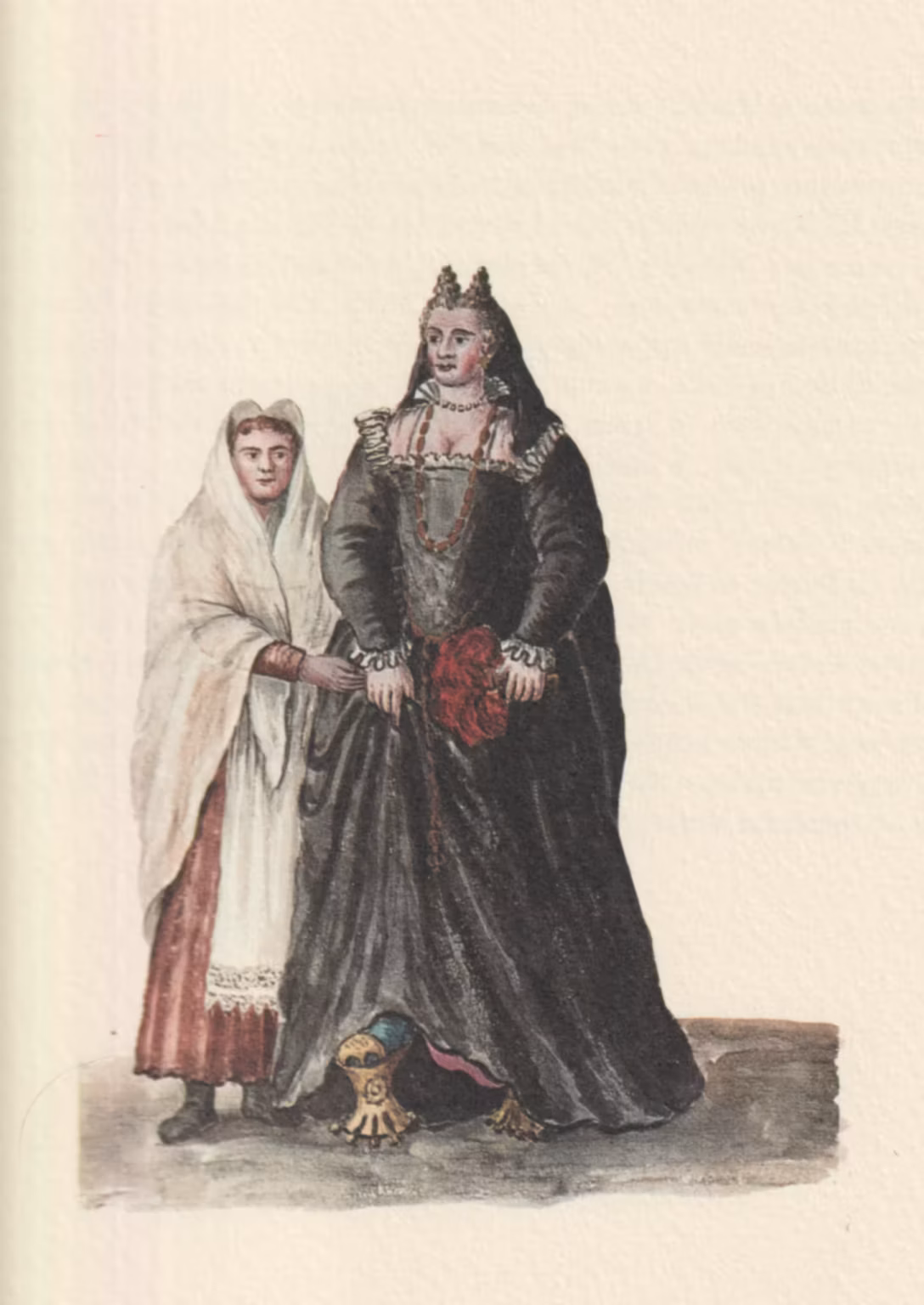 Watercolour of two women, a noblewoman and her maid. The noblewoman on the right, wears a lavish black silk dress and jewelry. She appears very tall, as shw's also wearing the calcagnette, very tall clogs or plateau sandals. The maid is simply dress, in a red dress with a while shawl covering her head in most of her dress to the knees.