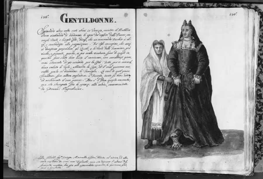 Black and white photo of the pages in the original manuscript, with the watercolour on the right-hand page, and the handwritten text on the left.